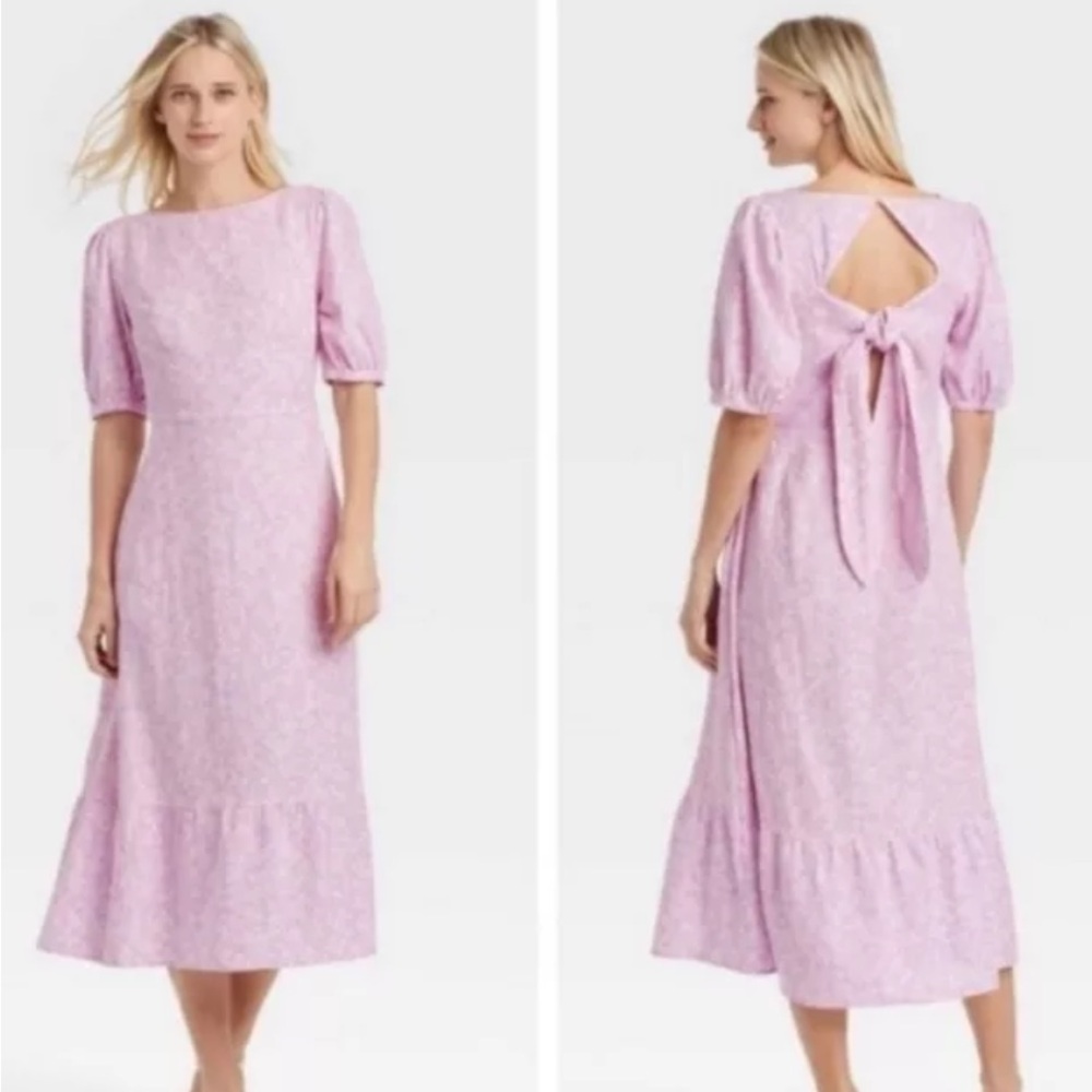Who What Wear Peony Purple Floral Half Sleeve Tie Back Linen Blend Dress…